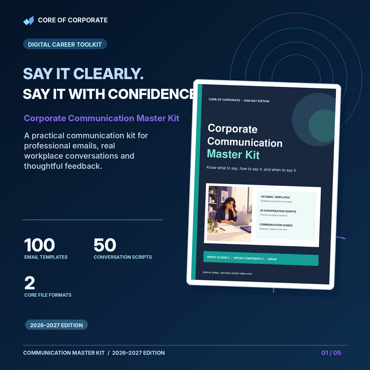 Corporate Communication Master Kit — premium product cover with a sample of the real guide