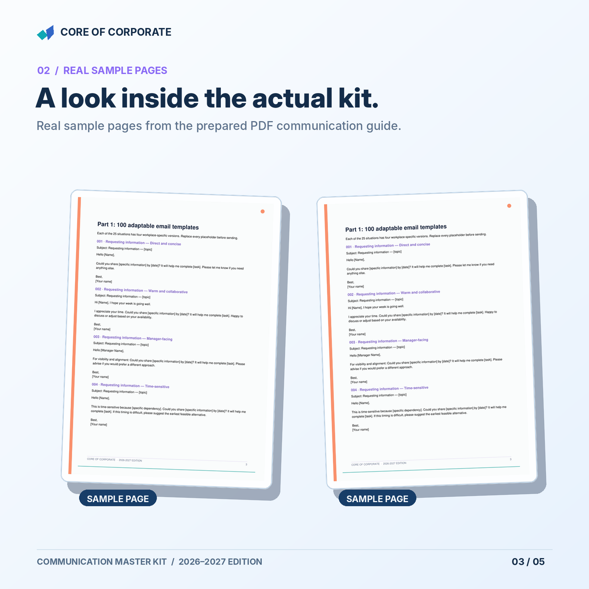 Corporate Communication Master Kit — real sample pages from the prepared communication PDF guide