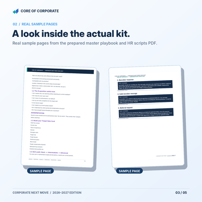 Corporate Next Move — real prepared sample pages from the master playbook and HR scripts PDFs