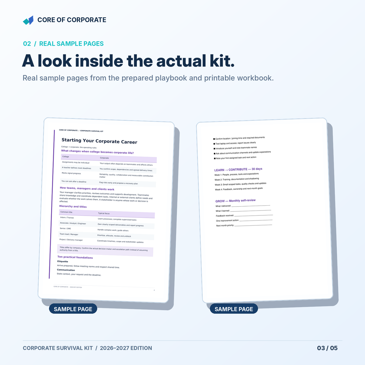Corporate Survival Kit — real sample PDF pages from the prepared playbook and workbook